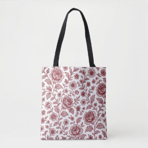 Bolsa Tote Padrão de Rosa da Vintage Vermelha Escura