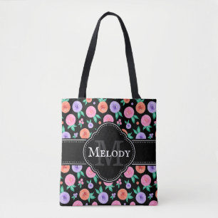 Bolsa Tote Padrão de Rosa de Aquarela Rosa / Roxo em Preto