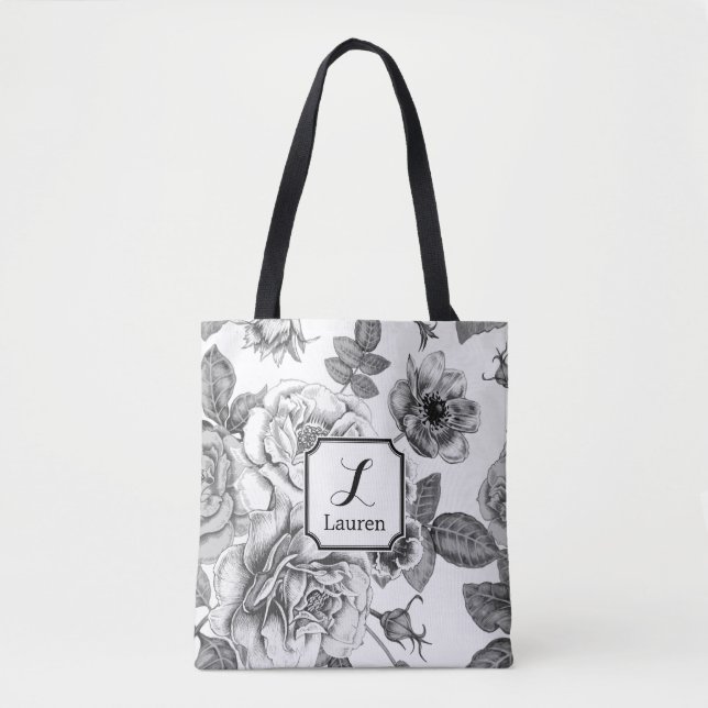Bolsa Tote Padrão de Rosa Preta e Branca (Frente)
