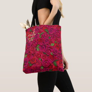 Bolsa Tote Padrão de Rosa Vermelha Intensa Eu Te Amo Com Nome
