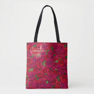 Bolsa Tote Padrão de Rosa Vermelha Intensa Eu Te Amo Com Nome