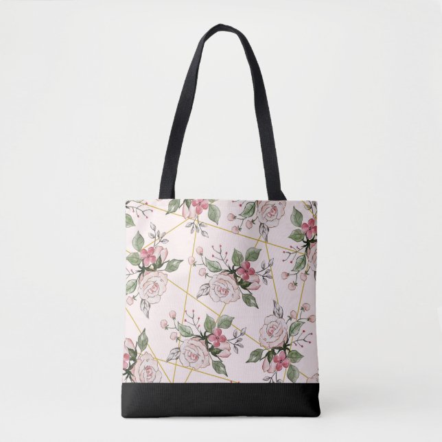 Bolsa Tote Padrão de rosas de vinheta rosa (Frente)