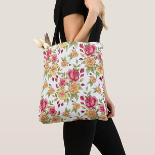 Bolsa Tote Padrão de Rosas e Botões de Rosa Vermelhas e Amare