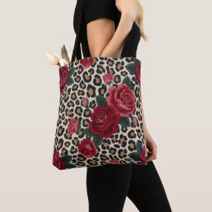 Bolsa Tote Padrão de Rosas Vermelhas Leopardo