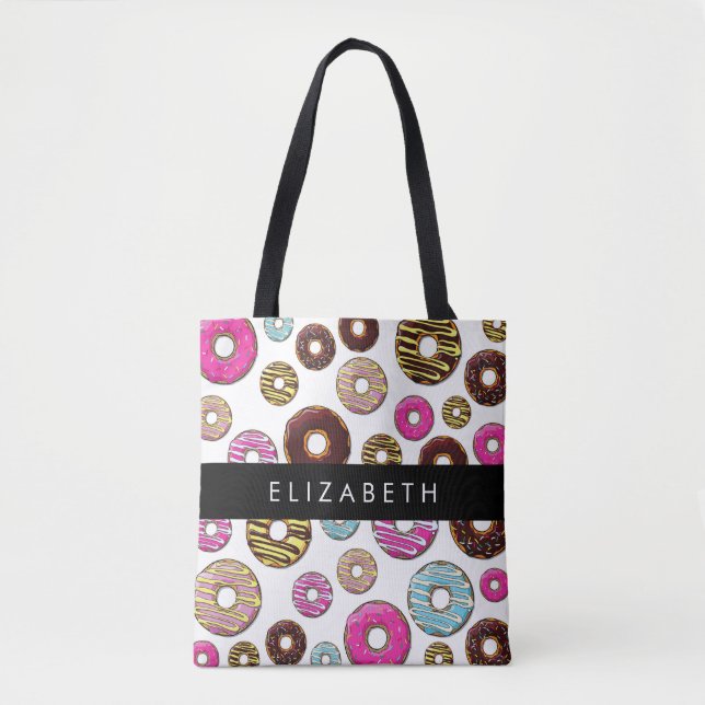 Bolsa Tote Padrão De Rosquinhas, Rosquinhas Coloridas, Seu No (Frente)