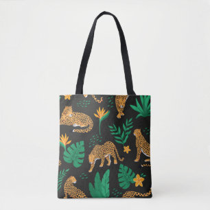 Bolsa Tote Padrão de safra com leopardos e folhas tropicais 