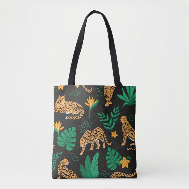 Bolsa Tote Padrão de safra com leopardos e folhas tropicais  (Frente)