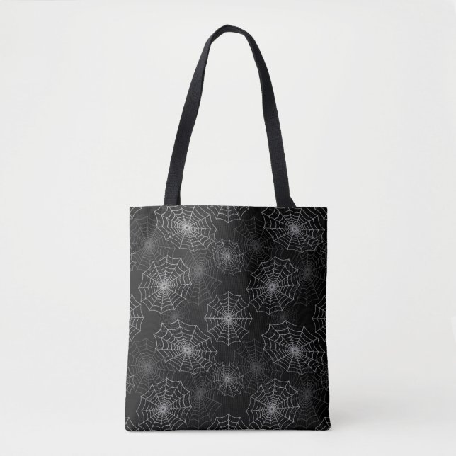 Bolsa Tote Padrão de Seda Cobweb de Aranha Branca em Preto (Frente)