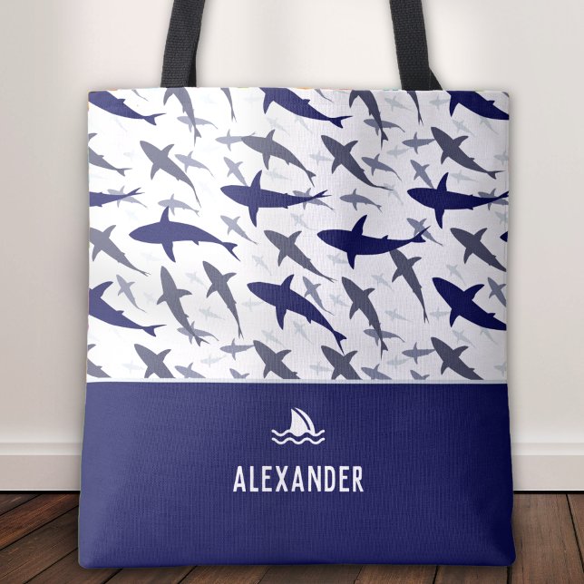 Bolsa Tote Padrão de Shark Azul e Branco com o Name Boy (Criador carregado)