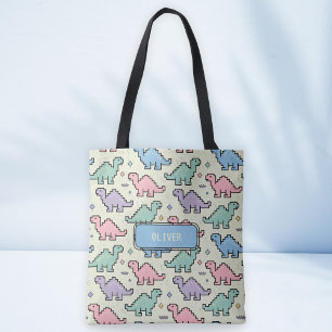 Bolsa Tote Padrão de Silhuetas de Dinossauros Pixelizados em 