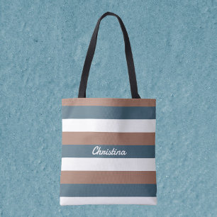 Bolsa Tote Padrão de Stripe Personalize o branco-castanho-cha