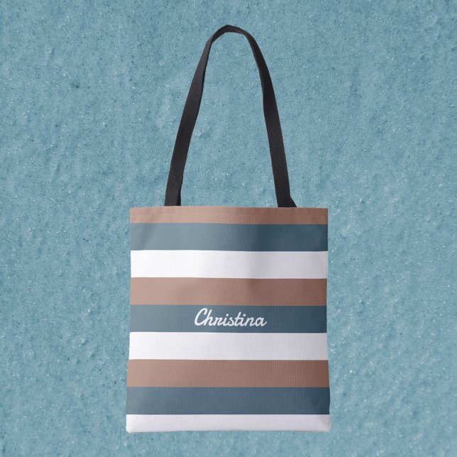 Bolsa Tote Padrão de Stripe Personalize o branco-castanho-cha (A tote bag with mocha brown, teal and white stripes!  Includes text that can be personalized!)