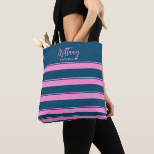 Bolsa Tote Padrão de Stripes Azul e Rosa Personalizado