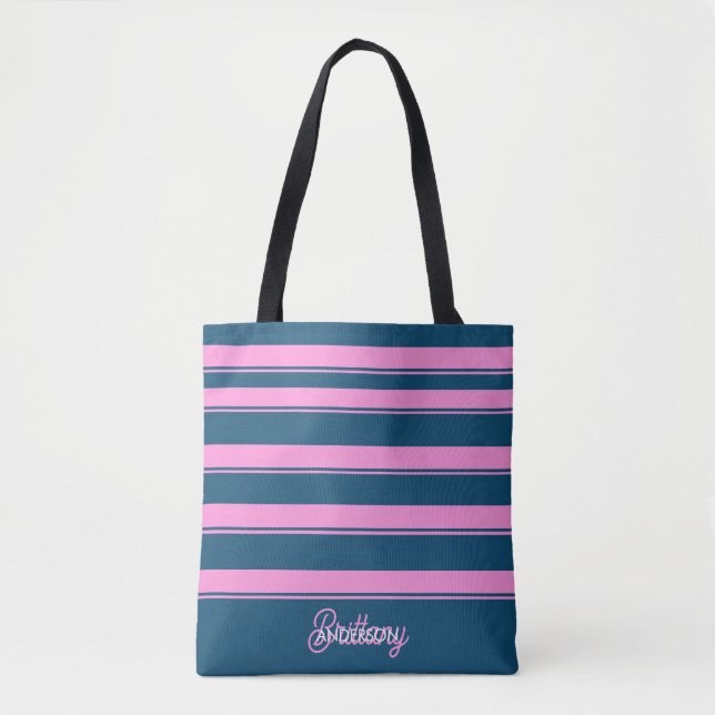 Bolsa Tote Padrão de Stripes Azul e Rosa Personalizado (Frente)