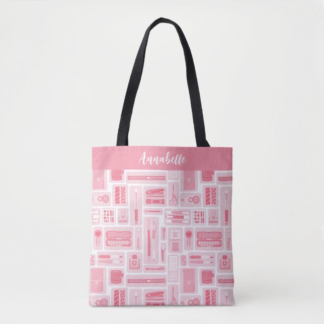 Bolsa Tote Padrão de Suprimentos de Arte Whimsical Rosa (Frente)