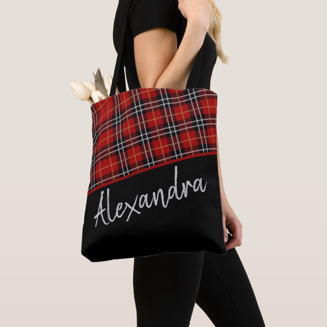 Bolsa Tote Padrão de Tartan Escocês Vermelho Personalizado (Close Up)