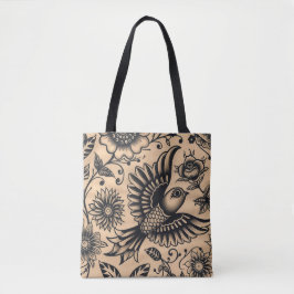 Bolsa Tote Padrão de tatuagem de aves e flores
