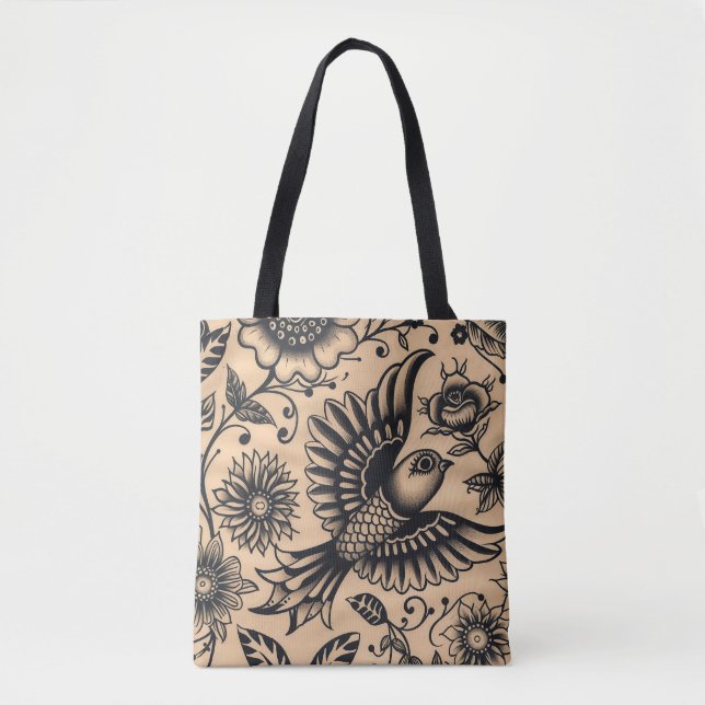 Bolsa Tote Padrão de tatuagem de aves e flores (Frente)