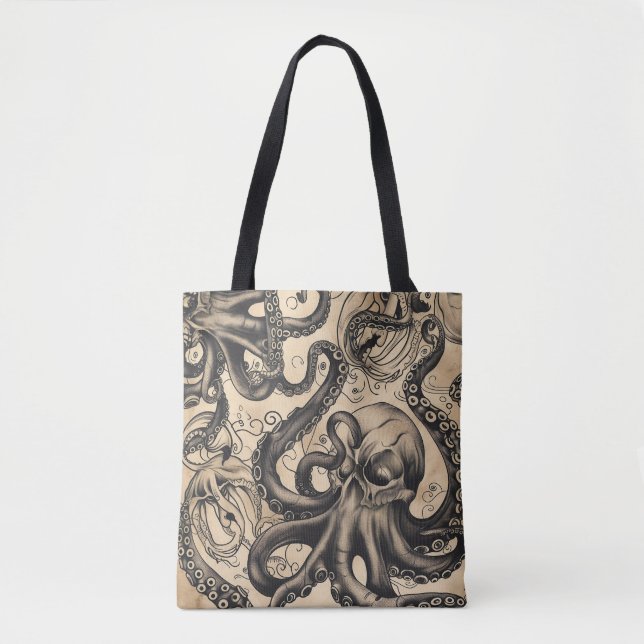 Bolsa Tote Padrão de Tatuagem do Octopus Skull (Frente)