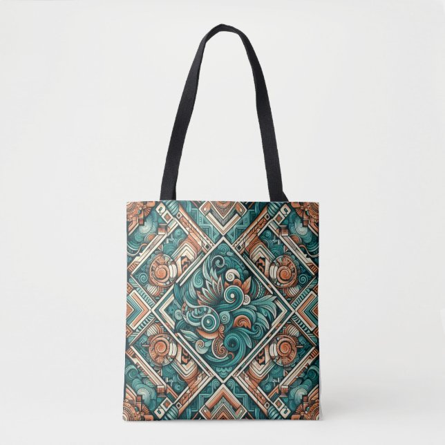 Bolsa Tote Padrão de Teal e Terracotta inspirado no asttec (Frente)
