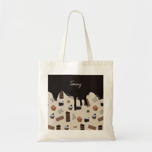 Bolsa Tote Padrão de Tema de Chocolate de Nome Personalizado (Frente)