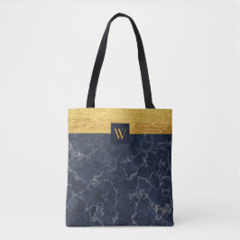 Bolsa Tote Padrão de Textura Azul e Mármore Falso com Dourado