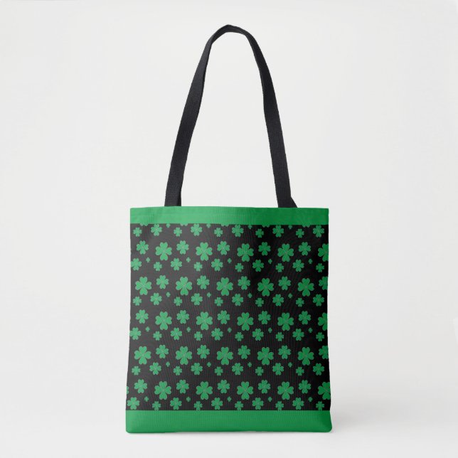 Bolsa Tote Padrão de Trevo da Sorte em Verde e Preto (Frente)