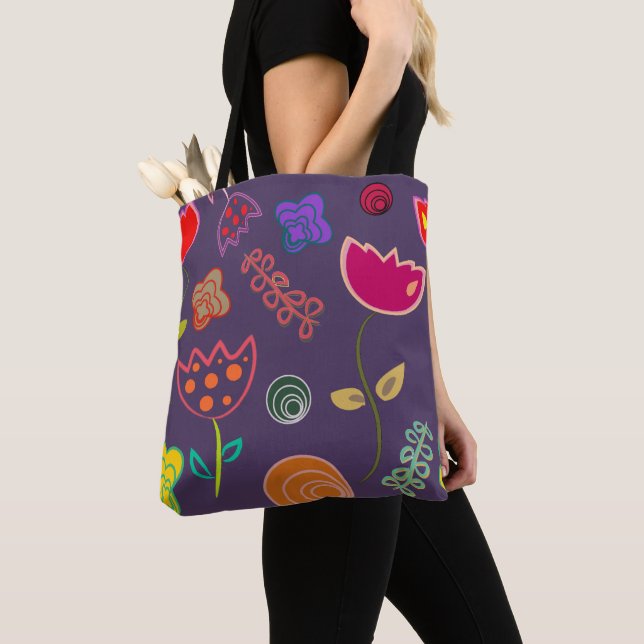 Bolsa Tote Padrão de Tulipa Funky Roxo (Close Up)
