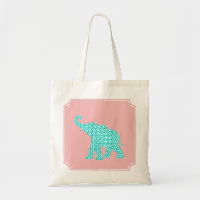 Bolsa Tote Padrão de Turquesa de Arte Feliz e Elefante Modern (Frente)