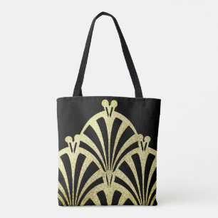 Bolsa Tote Padrão de ventoinha Art deco ouro preto elegância