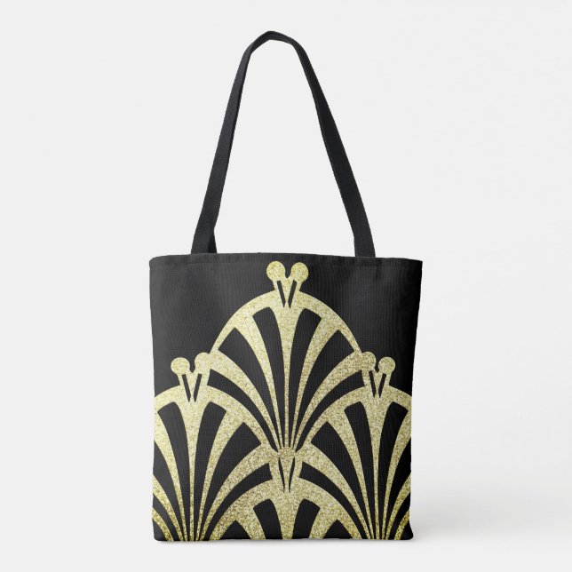 Bolsa Tote Padrão de ventoinha Art deco ouro preto elegância (Verso)