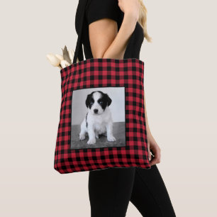 Bolsa Tote Padrão de Verificação de Buffalo Preto Vermelho