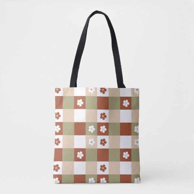Bolsa Tote Padrão de Verificação de Gingham da Flor de Outono (Frente)