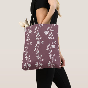 Bolsa Tote Padrão de Videira Floral Branca Elegante em Bege