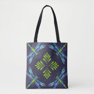 Bolsa Tote Padrão de vinheta libélula azul verde sobre fundo