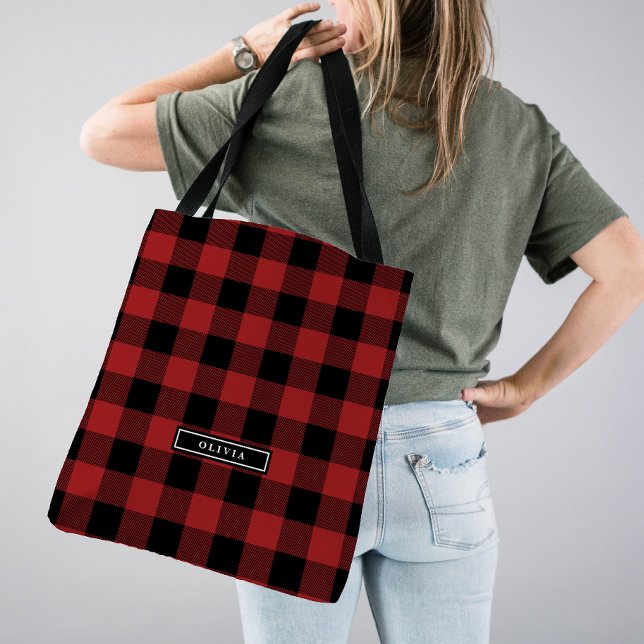 Bolsa Tote Padrão de Xadrez de Buffalo Vermelho Monograma Bri (Criador carregado)