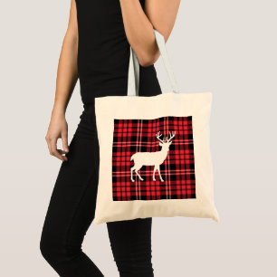 Bolsa Tote Padrão de Xadrez do Tartan Vermelho, White Christm