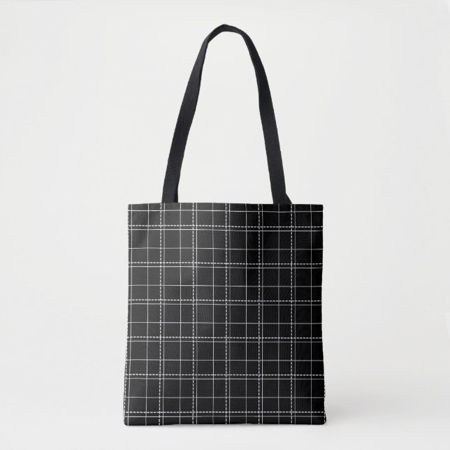 Bolsa Tote Padrão de Xadrez Geométrica Preto e Branco (Frente)