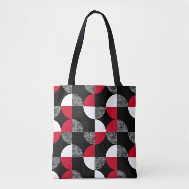 Bolsa Tote Padrão de xadrez geométrico preto, vermelho e bran (Frente)