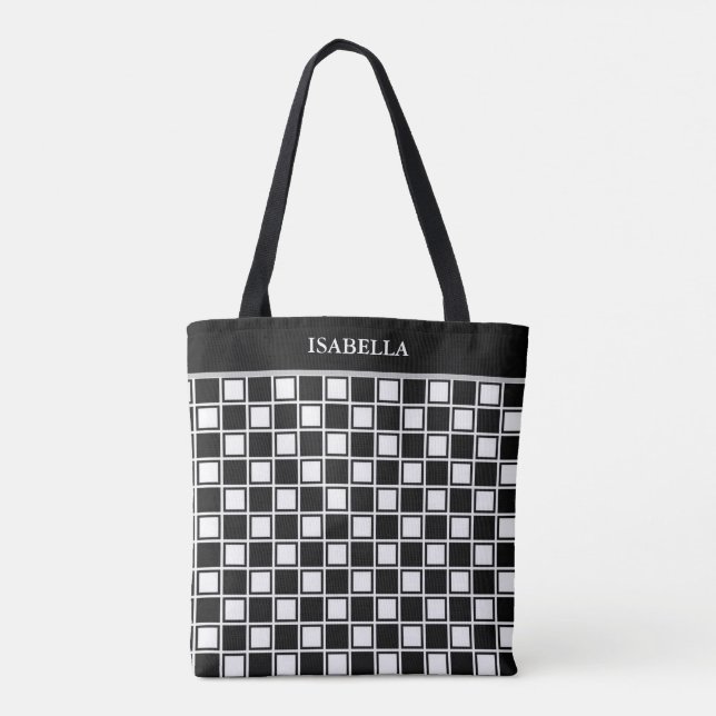 Bolsa Tote Padrão de xadrez preto-branco e caligrafia (Verso)