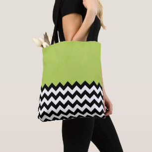 Bolsa Tote Padrão de ziguezague preto e branco, Chevron, verd