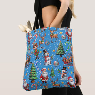 Bolsa Tote Padrão Decorativo de Natal com Fundo Azul
