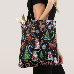 Bolsa Tote Padrão Decorativo de Natal com Fundo Preto