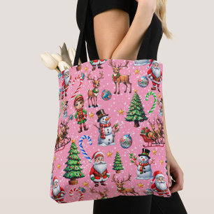 Bolsa Tote Padrão Decorativo de Natal com Fundo Rosa