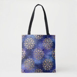 Bolsa Tote Padrão Dharma Mandala da Galáxia Dourada e Azul
