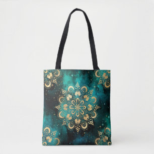 Bolsa Tote Padrão Dharma Mandala da Galáxia Dourada e Verde