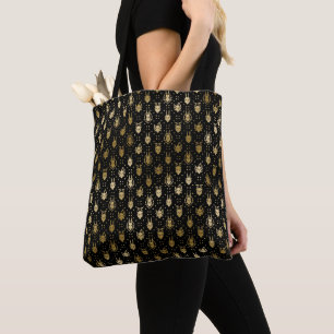 Bolsa Tote Padrão do Dragão Argyle de Fantasia Negro e Dourad
