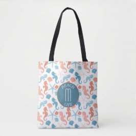 Bolsa Tote Padrão do Monograma Náutico Azul Coral