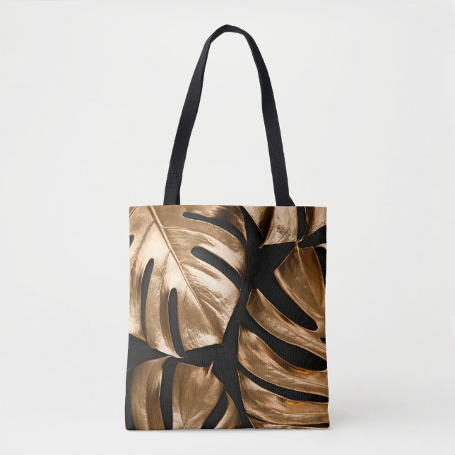 Bolsa Tote padrão Dourado das folhas de monstera (Frente)