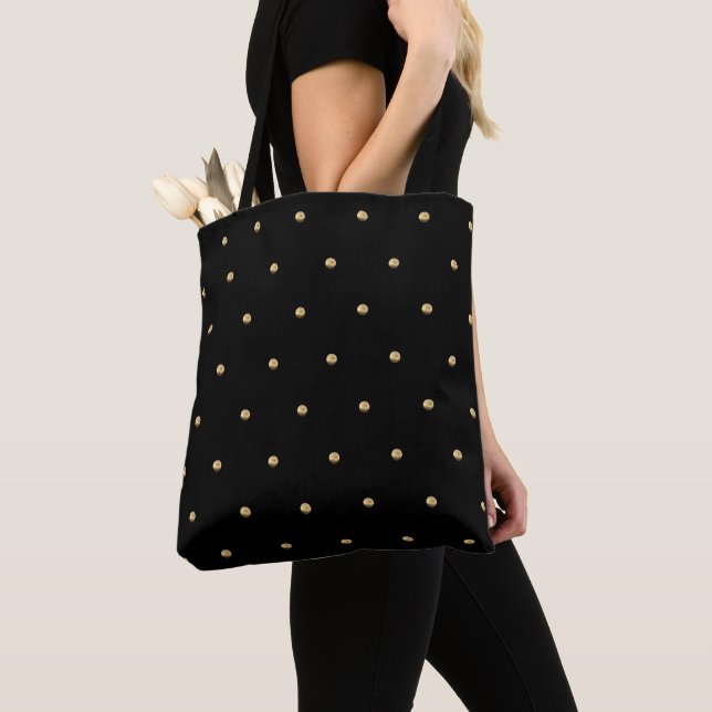 Bolsa Tote Padrão Dourado de Bolinhas Elegante Preto e Falso (Close Up)